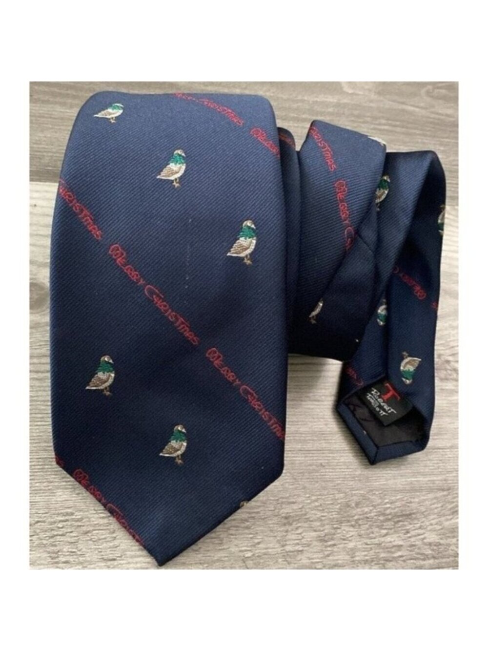 Robert Talbott Neck Tie Mallard Duck Merry Christmas Bow Novelty Blue Red 55"